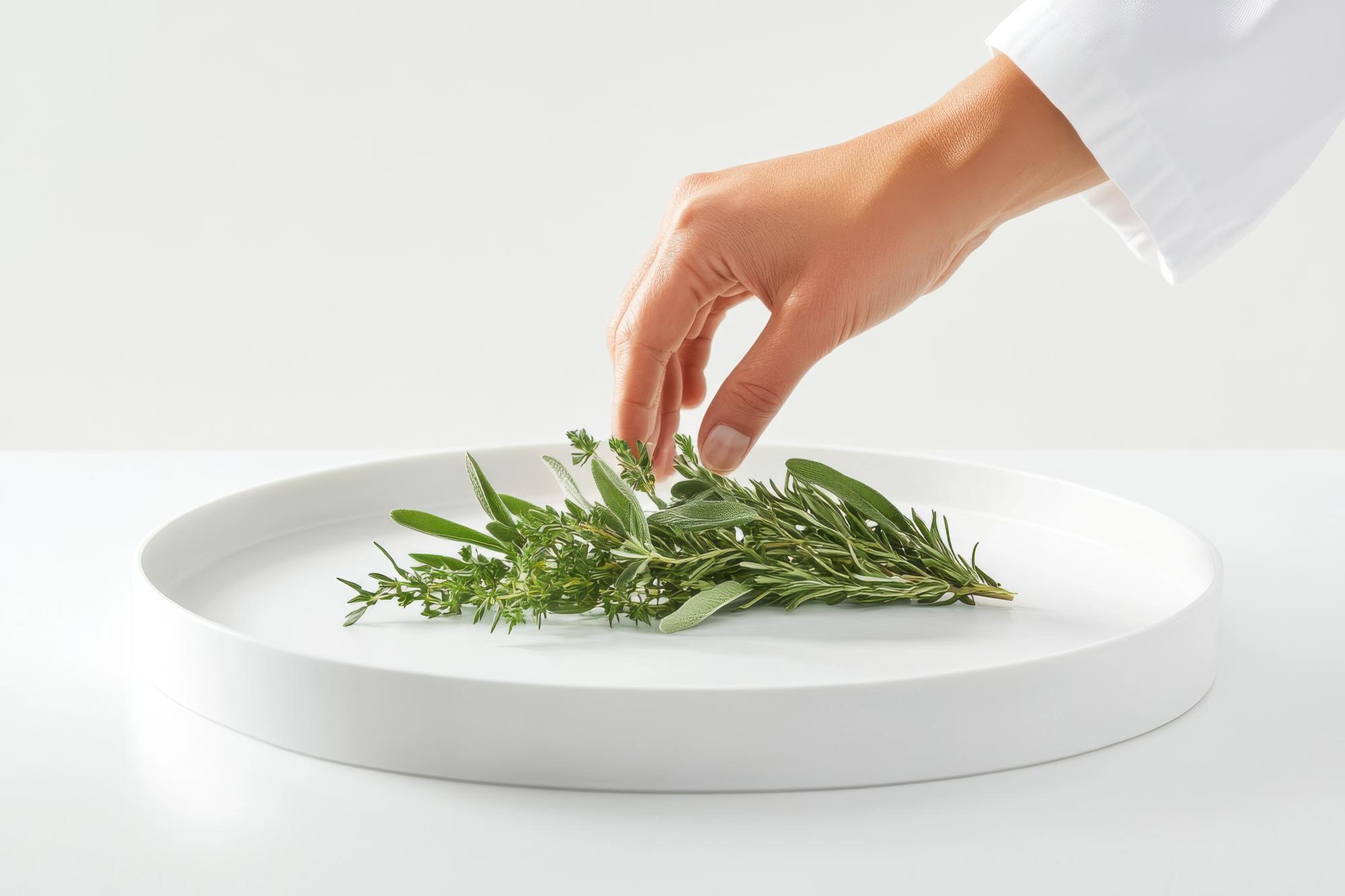 Close-up of chef plating a modern dish with herbs